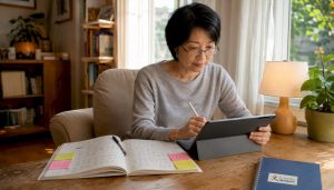 Adult learner focused on Mandarin tablet study