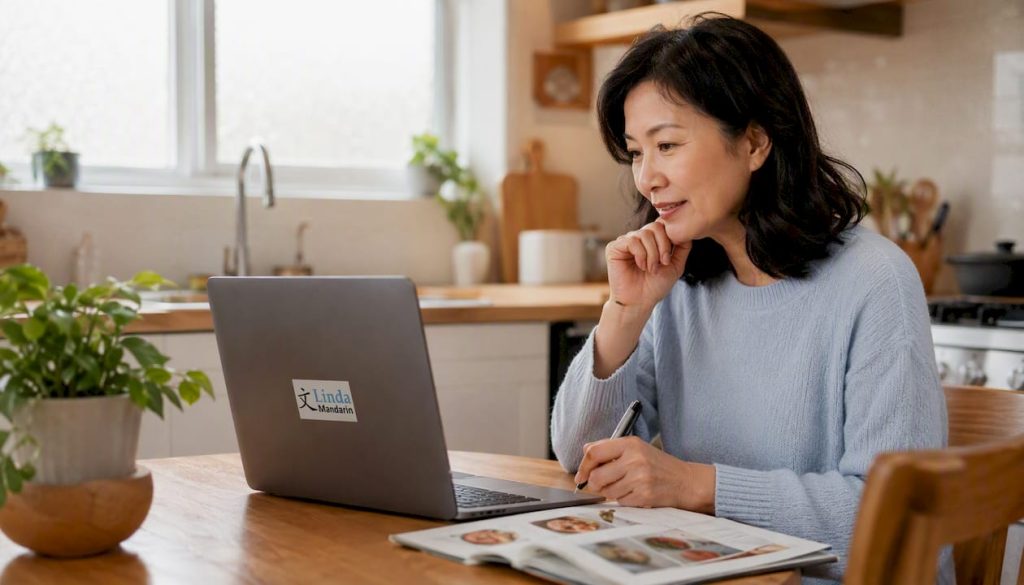 Adult learner doing online language lesson at home desk
