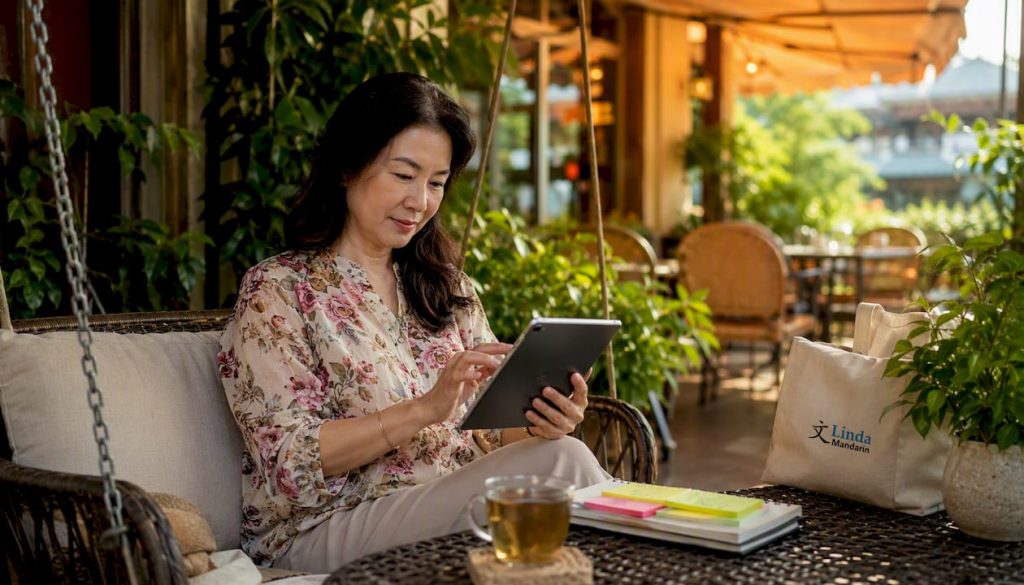 Adult woman studying Chinese language on tablet