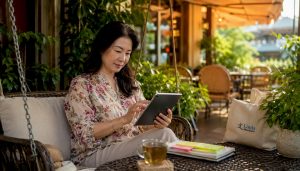 Adult woman studying Chinese language on tablet