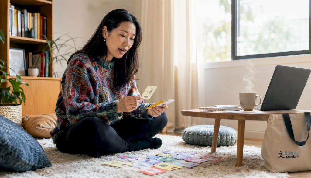 Woman speaking Mandarin at home desk