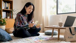 Woman speaking Mandarin at home desk
