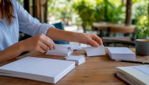 Hands organizing lesson planning materials