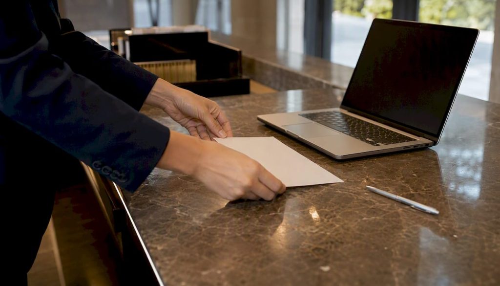 Hands placing Mandarin cheat sheet on counter