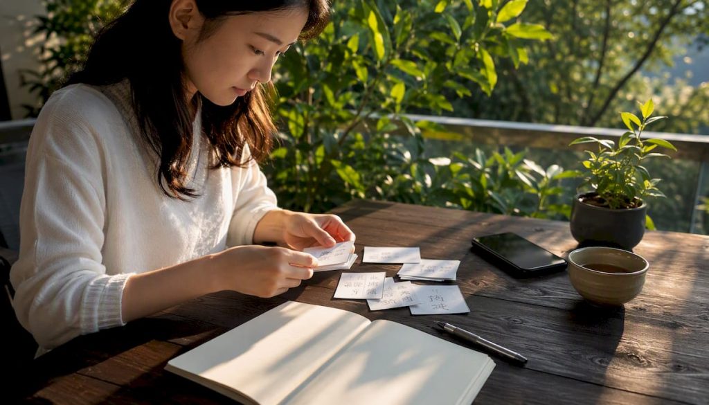 Hands sorting Mandarin flashcards on study desk