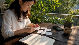 Hands sorting Mandarin flashcards on study desk