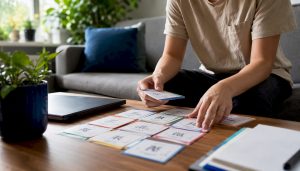 Hands arranging Mandarin flashcards