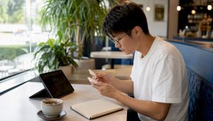 Adult learner arranging Mandarin flashcards