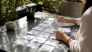 Hands sorting Mandarin vocabulary flashcards