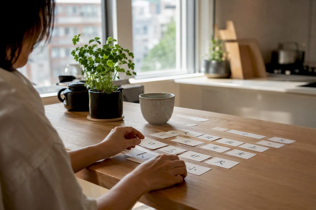 Hands sorting Mandarin vocabulary flashcards