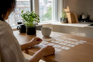 Hands sorting Mandarin vocabulary flashcards