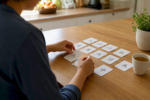Hands arranging Mandarin study flashcards