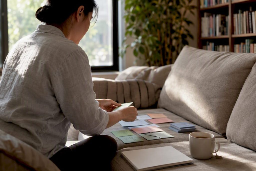 Hands arranging Mandarin flashcards on study desk