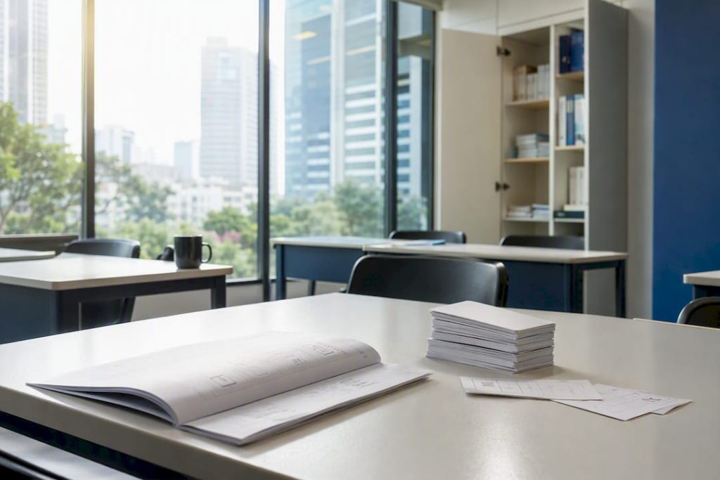 Modern Mandarin learning classroom with study materials