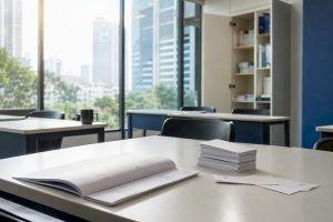 Modern Mandarin learning classroom with study materials