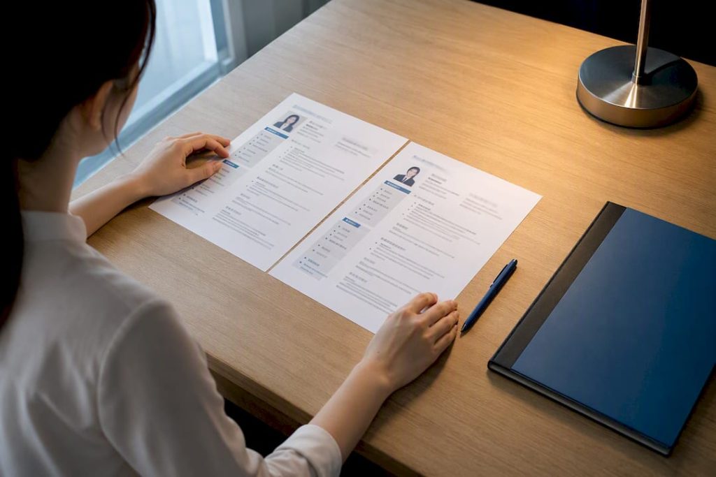 Bilingual resume pages arranged on desk