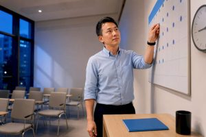 Instructor reviewing a Mandarin course calendar