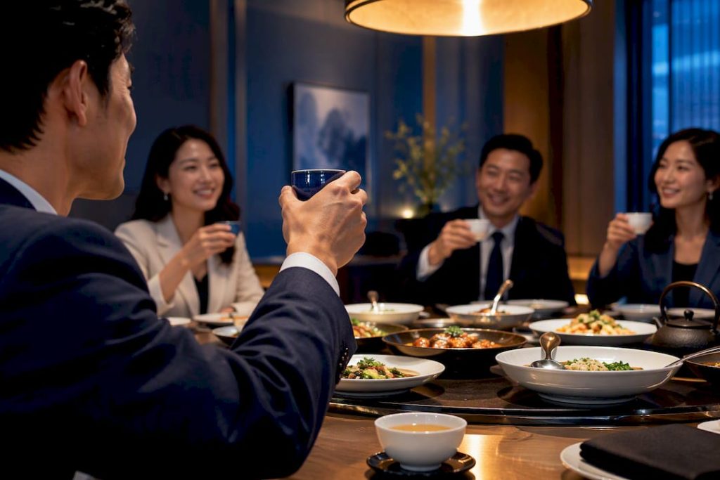 Professionals raising teacups at client dinner