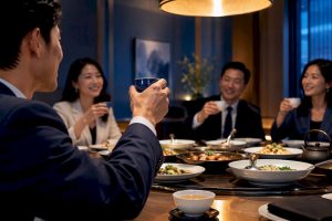 Professionals raising teacups at client dinner