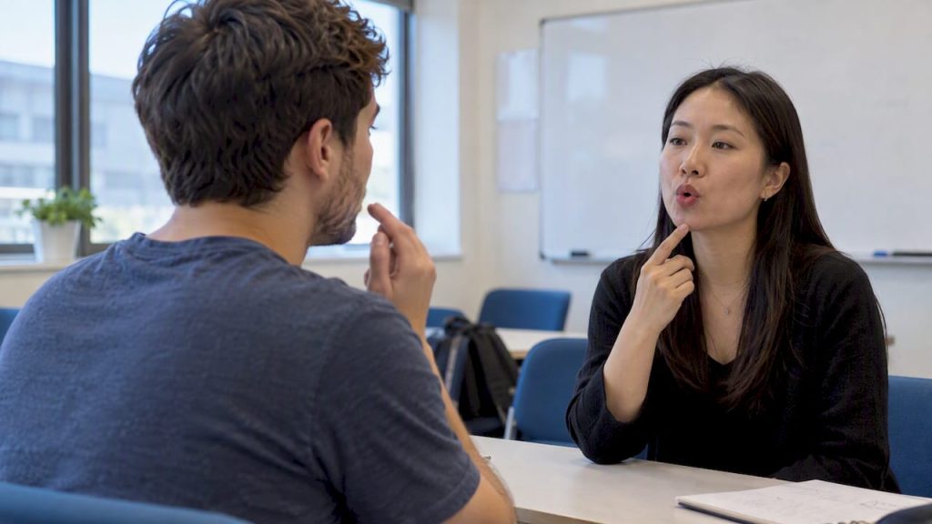 Adult learner practising Mandarin pronunciation with instructor