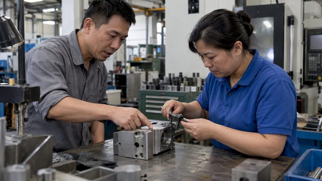 Engineers discussing a component on the factory floor
