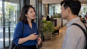 Adults exchanging Mandarin self-introductions