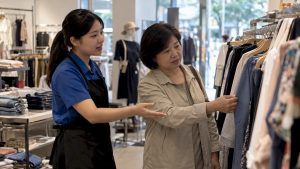 Retail associate assisting customer in Mandarin