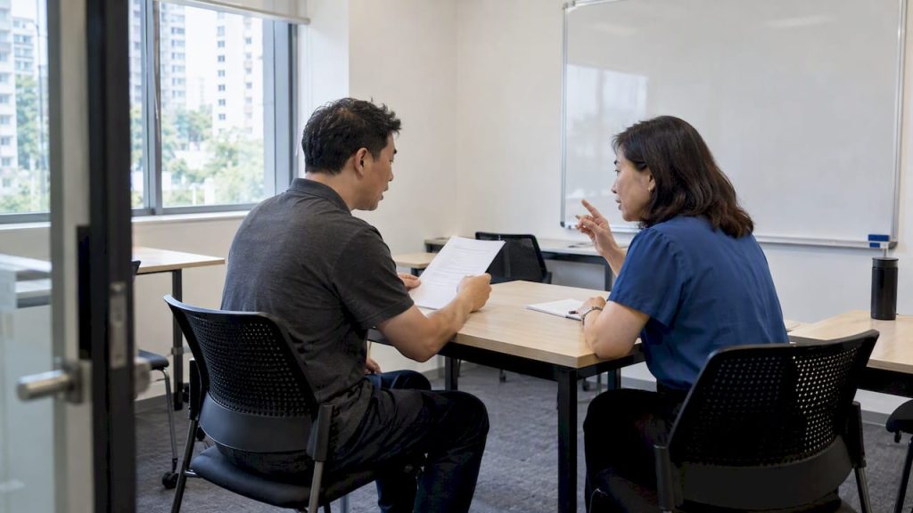 Adult learner practising Mandarin with a teacher